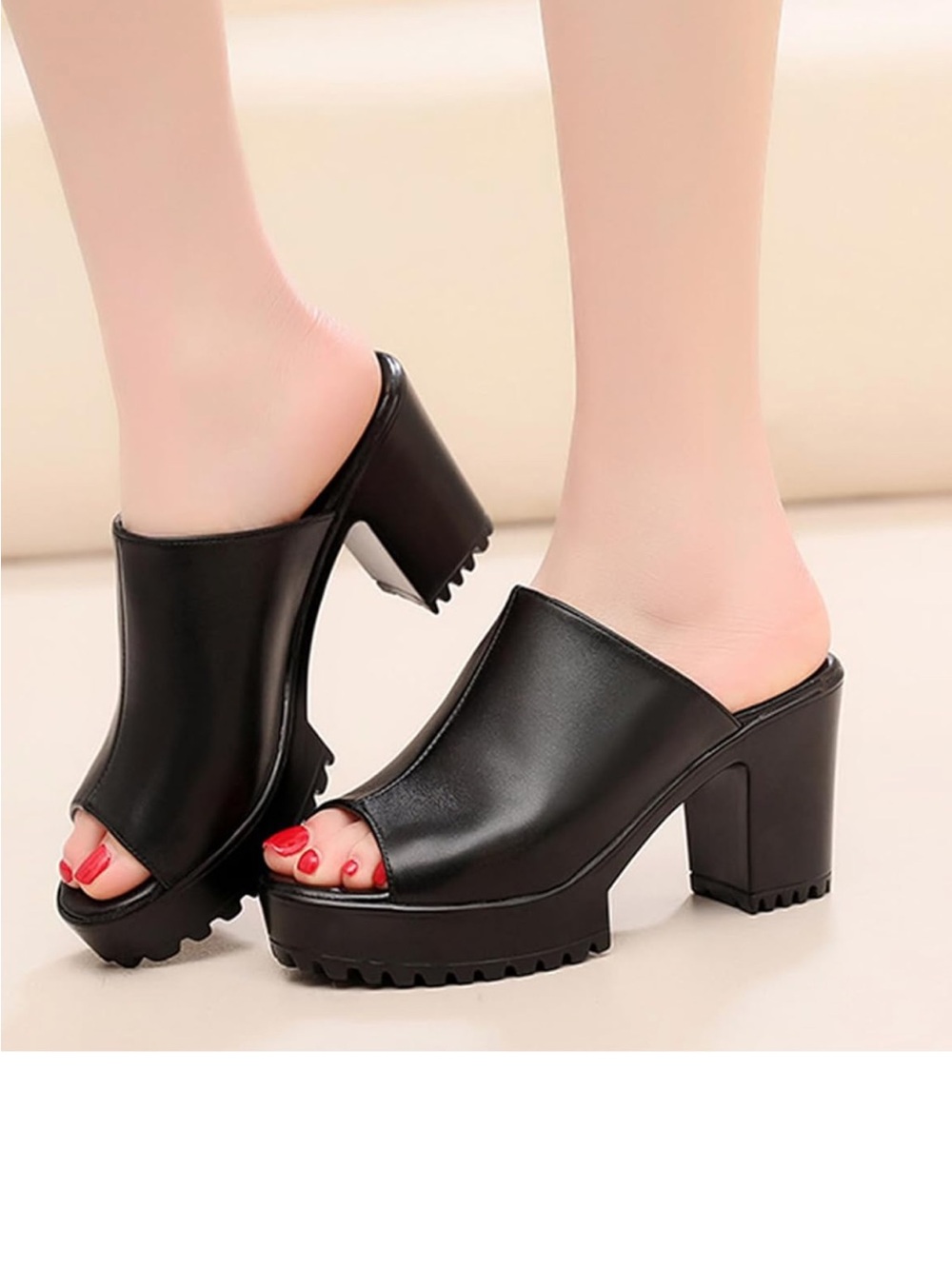 Amazon Black Open-Toe Platform Block Heel Mules